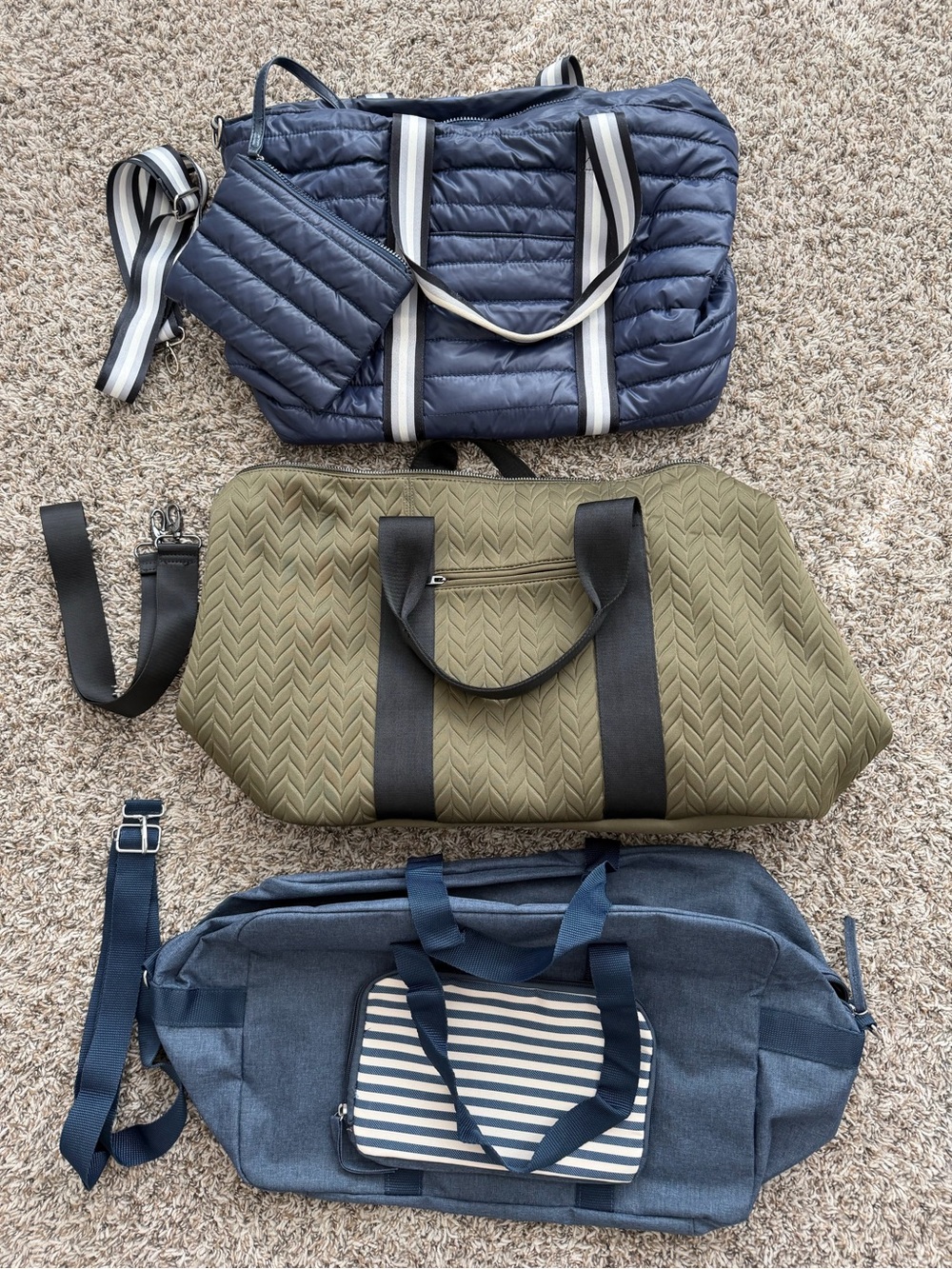 Travel Bag Bundle - Blue canvas, Olive quilted, Navy quilted